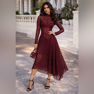 ZARA Burgundy Lace Asymmetrical Hem Midi Dress S NWT Boudoir Romantic Whimsy
